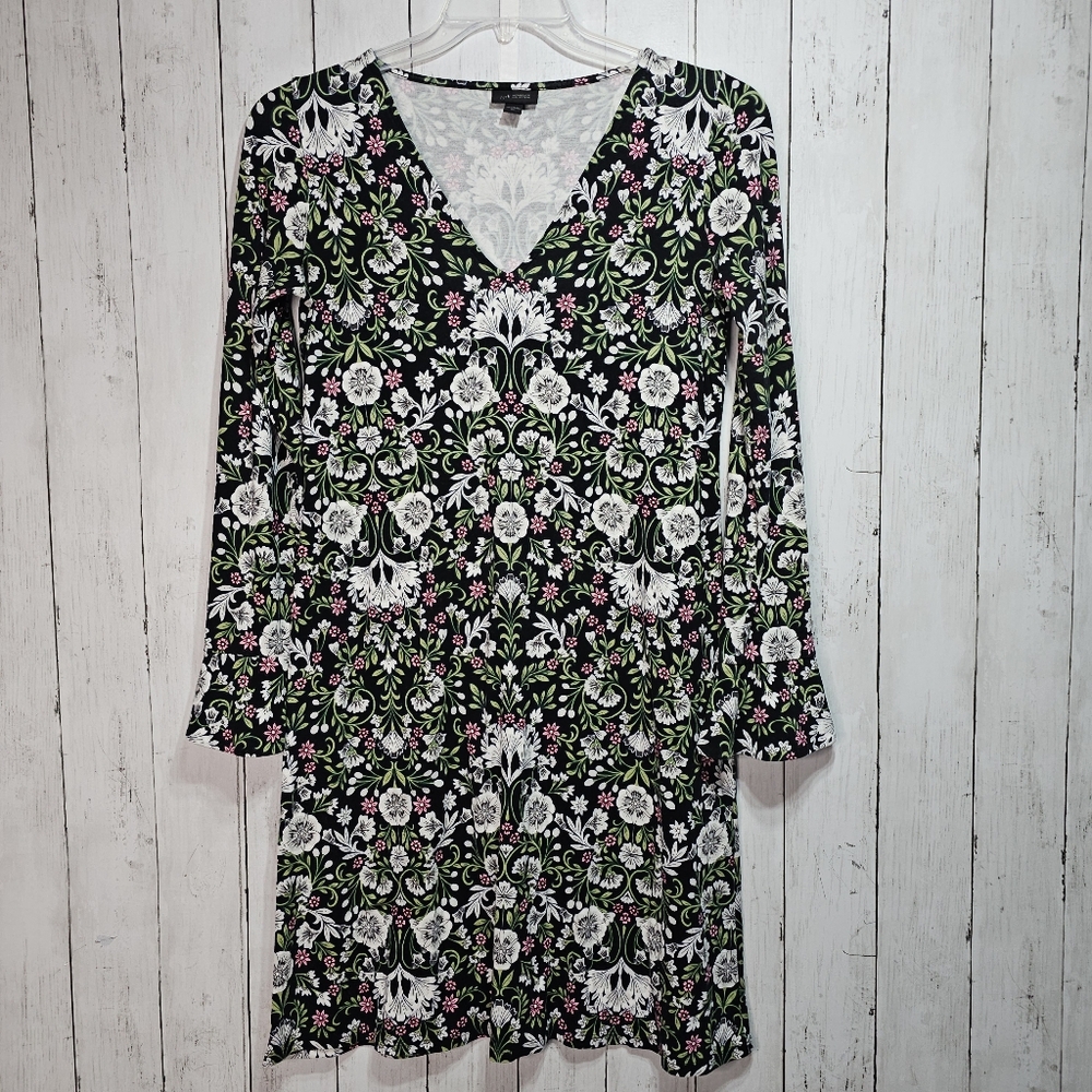 J. Jill Wearever Collection Womens Black Floral Long Sleeve V Neck Dress Size XS